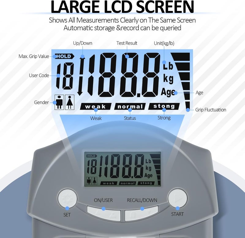 KYTO Grip Strength Tester, Digital Hand Grip Dynamometer with LCD Display, Adjustable Handle, 19-User Memory, 220Lbs/99Kgs – Track Your Grip Strength Progress - Image 3